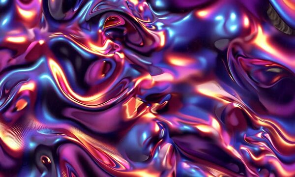 Texture fluide m&eacute;tallis&eacute;e avec des reflets violets et orang&eacute;s, design abstrait et dynamique, lumi&egrave;re iridescente et ambiance futuriste