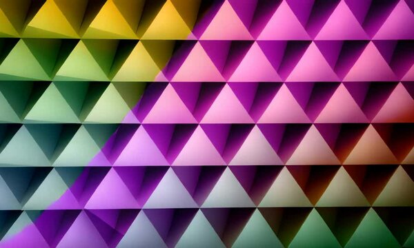 Grille de triangles 3D avec effet de profondeur et changement progressif de couleurs arc-en-ciel, motif graphique dynamique &eacute;voquant la diversit&eacute; visuelle et le mouvement, espace n&eacute;gatif, copyspace
