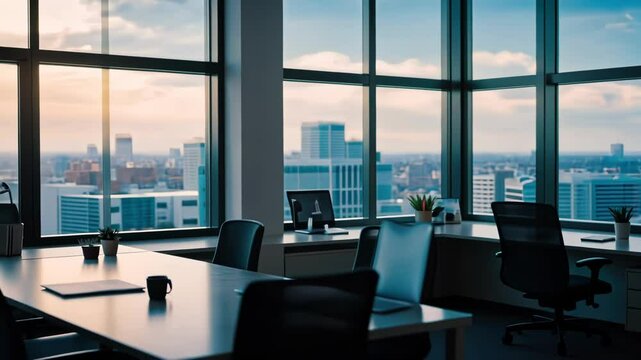 A serene office setting with a city skyline view, showcasing modern design and professional atmosphere during sunset
