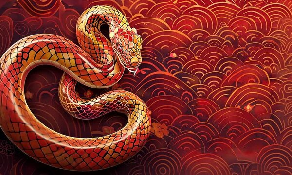 Illustration de serpent dor&eacute; sur fond rouge orn&eacute; de motifs ondulants, symbolisme asiatique et ambiance festive, Nouvel An chinois 2025, espace n&eacute;gatif copyspace