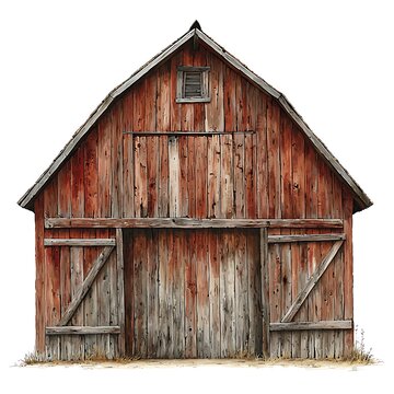 Rustic red wooden barn isolated on white background.