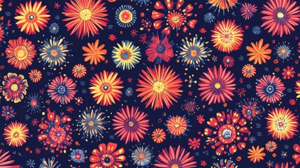 Seamless Pattern of Colorful Flower Fireworks on Navy Blue Background, Festive and Vibrant Design