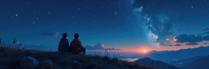 Fototapeta premium Two brothers sitting on a hill gazing at the night sky with a small star shining brightly above them , hills,
