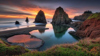 Serene coastal landscape at sunset with rock formations and reflections.