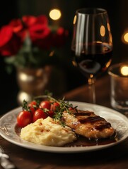 A plate of food and a glass of wine are placed on a table. This image can be used to depict a delicious meal or a romantic dinner setting