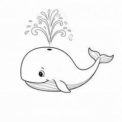 Cute Cartoon Whale with Spraying Water in Simple Outline Style