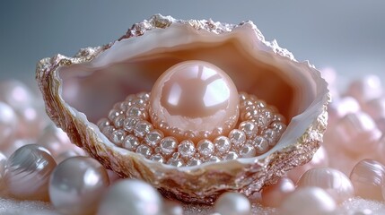 Large pearl nestled in oyster shell on bed of pearls, studio shot.