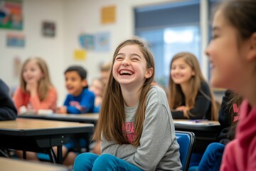 Laughing girl in classroom with classmates.