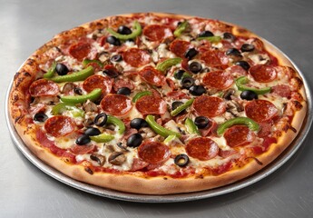 Delicious and Savory Pepperoni Pizza with Green Peppers, Black Olives, and Mushrooms on a Silver Metal Tray Ready to Serve for a Perfect Meal Experience