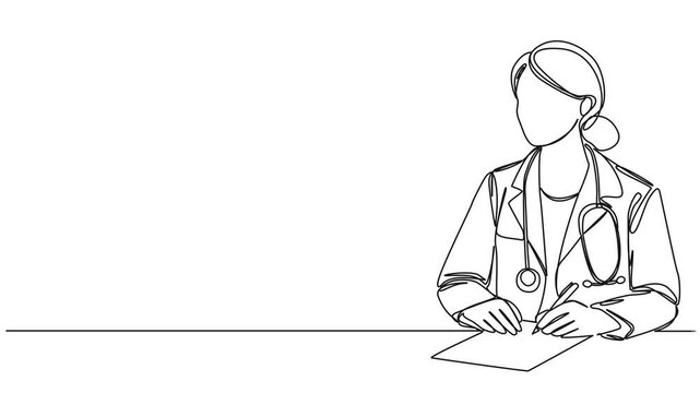 animated continuous line drawing of female medical doctor with stethoscope taking notes, line art animation