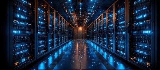 Fototapeta premium Futuristic server room with glowing racks and data center corridor.