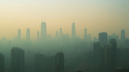 Obraz premium Smoggy Cityscape: A Hazy Chicago Skyline at Dawn