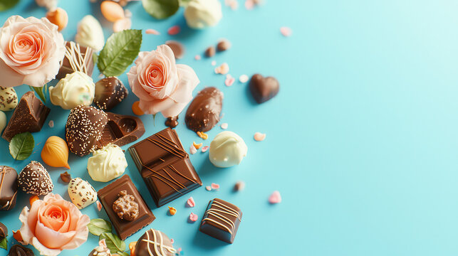 Delightful arrangement of chocolates and roses on blue background, evoking joy and sweetness