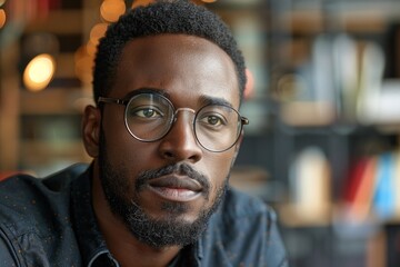 Fototapeta premium Close-up portrait of a man wearing glasses and a blue shirt. AI generative. .