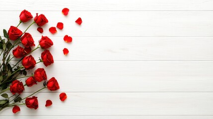 Beautiful Red Roses with Petals on White Wooden Background Ideal for Celebrations and Romantic Moments