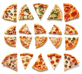 Delicious Assortment of Pizza Slices Featuring Pepperoni, Vegetables, and Cheese on a White Background Perfect for Food Lovers and Culinary Enthusiasts