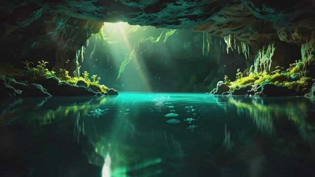 Underground lake and sunlight, seamless looping 4K virtual video animation background