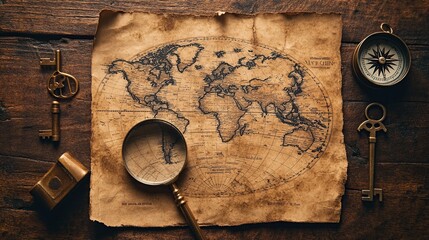 A detailed close-up of a vintage world map laid out on an old wooden table. Surrounding elements include a compass, magnifying glass, and antique keys. Warm sepia tones create a nostalgic atmosphere.