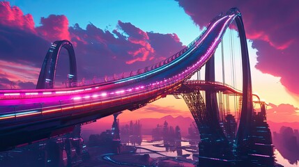 Obraz premium Futuristic Cityscape Illuminated Bridge at Sunset