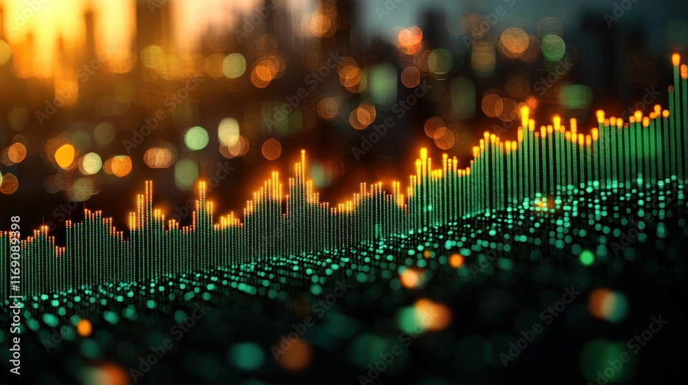 Poster abstract data visualization with colorful bars and bokeh.