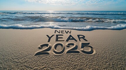 New Year 2025 Celebration on Beach Sand with Waves and Blue Sky Creating a Festive and Relaxing Atmosphere for the Upcoming Year