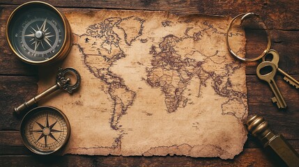 A detailed close-up of a vintage world map laid out on an old wooden table. Surrounding elements include a compass, magnifying glass, and antique keys. Warm sepia tones create a nostalgic atmosphere.