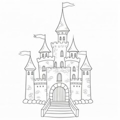 Fototapeta premium Hand-drawn Castle Illustration with Towers and Flags on Roof