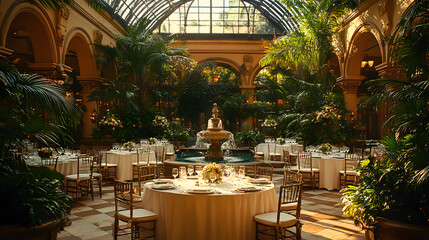 A large outdoor party with tables and chairs set up in a garden. The tables are covered with orange flowers and black tablecloths. The atmosphere is festive and inviting