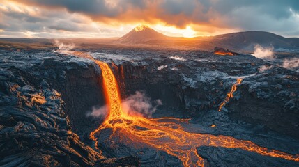 Naklejka premium Lava Waterfall Flows From Volcanic Mountain At Sunset