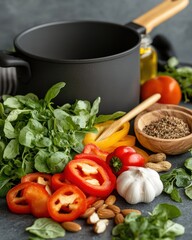A pot of vegetables and spices on a counter