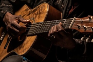 Obraz premium Close-up of a hand playing an acoustic guitar. AI generative. .