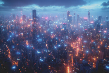 Obraz premium A modern city with a wireless network connection concept and cityscape. Technology concept.