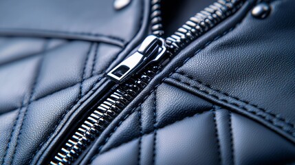 Edgy leather jacket with quilted panels, close-up view of zipper and metal accents, luxurious texture, deep shadows highlighting details