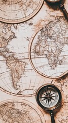 Fototapeta premium A detailed close-up of a vintage world map laid out on an old wooden table. Surrounding elements include a compass, magnifying glass, and antique keys. Warm sepia tones create a nostalgic atmosphere.