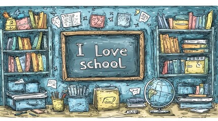 Illustrated classroom scene with bookshelves, chalkboard saying "I Love School", globe, and school supplies.