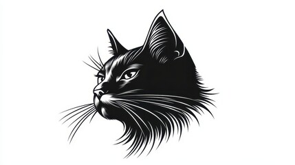 Obraz premium Black and white cat logo featuring a detailed illustration of a feline head with prominent whiskers and expressive features