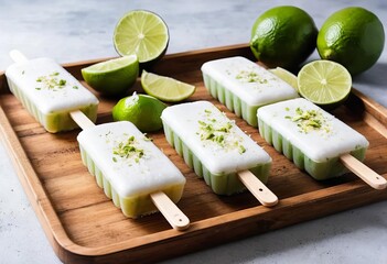 Several coconut ice pops on a wooden tray with fresh lime zest sprinkled on top