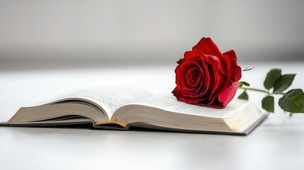 Open book with a single red rose resting on the pages against a soft neutral background