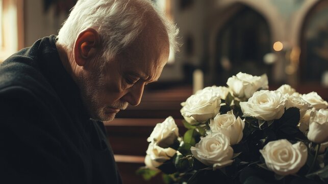 An elderly man bows his head in contemplation while seated in a serene church, surrounded by soft light and a bouquet of fresh white roses. He seems lost in thought, possibly remembering a loved one