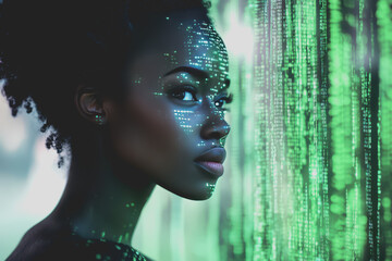 Black woman female IT specialist faced with artificial intelligence green virtual code.
