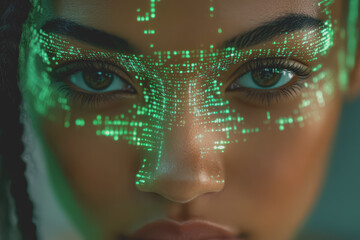 Black woman female IT specialist faced with artificial intelligence green virtual code.