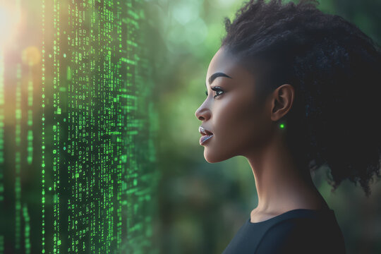 Black woman female IT specialist faced with artificial intelligence green virtual code.