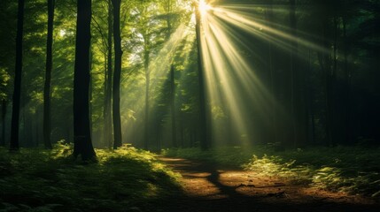 Obraz premium Golden rays of sunlight penetrate the thick canopy of trees, casting a warm glow on a tranquil forest path. The atmosphere feels peaceful and refreshing as nature awakens