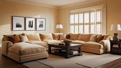 Fototapeta premium Cozy and Elegant Living Room Interior with Soft Lighting, Plush Furniture, and a Welcoming Atmosphere, Perfect for Relaxation and Comfortable Gatherings