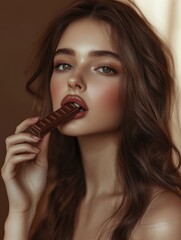 Obraz premium Beautiful woman holding a bar of chocolate to her lips