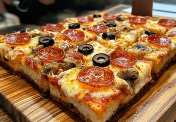 Delicious Close-Up of Freshly Baked Pepperoni Pizza Topped with Olives and Mushrooms on a Wooden Serving Board Ready to Satisfy Any Pizza Lover's Cravings