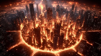 Fiery scene of burning building, flames curling up against dark sky, close-up view, city edge with ominous glow, apocalyptic mood