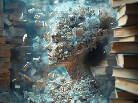 Overthinking the existential truth surrounded by fragments of knowledge and introspection in a surreal library setting