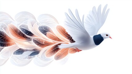 Obraz premium A free-flying white dove, wings spread, mid-flight motion blur, realistic feather details, isolated on white background