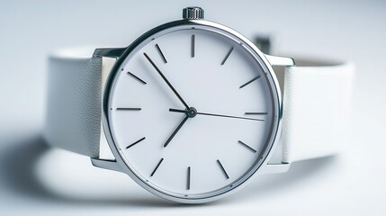 Minimalist watch with a polished round face and smooth strap, centered on a bright white background